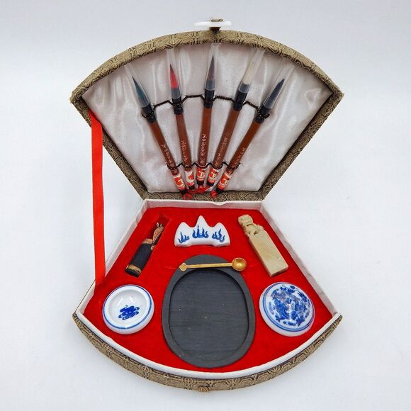 Asian Japanese Sumi E Calligraphy Set Box Drawing Brushes Inkstone Stone Seal - Picture 1 of 14